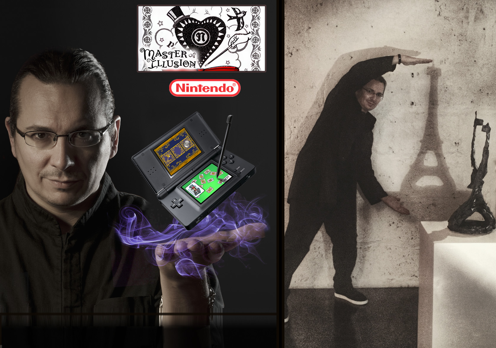 DJ facing a crowd at his deck. Photo with a purple hue