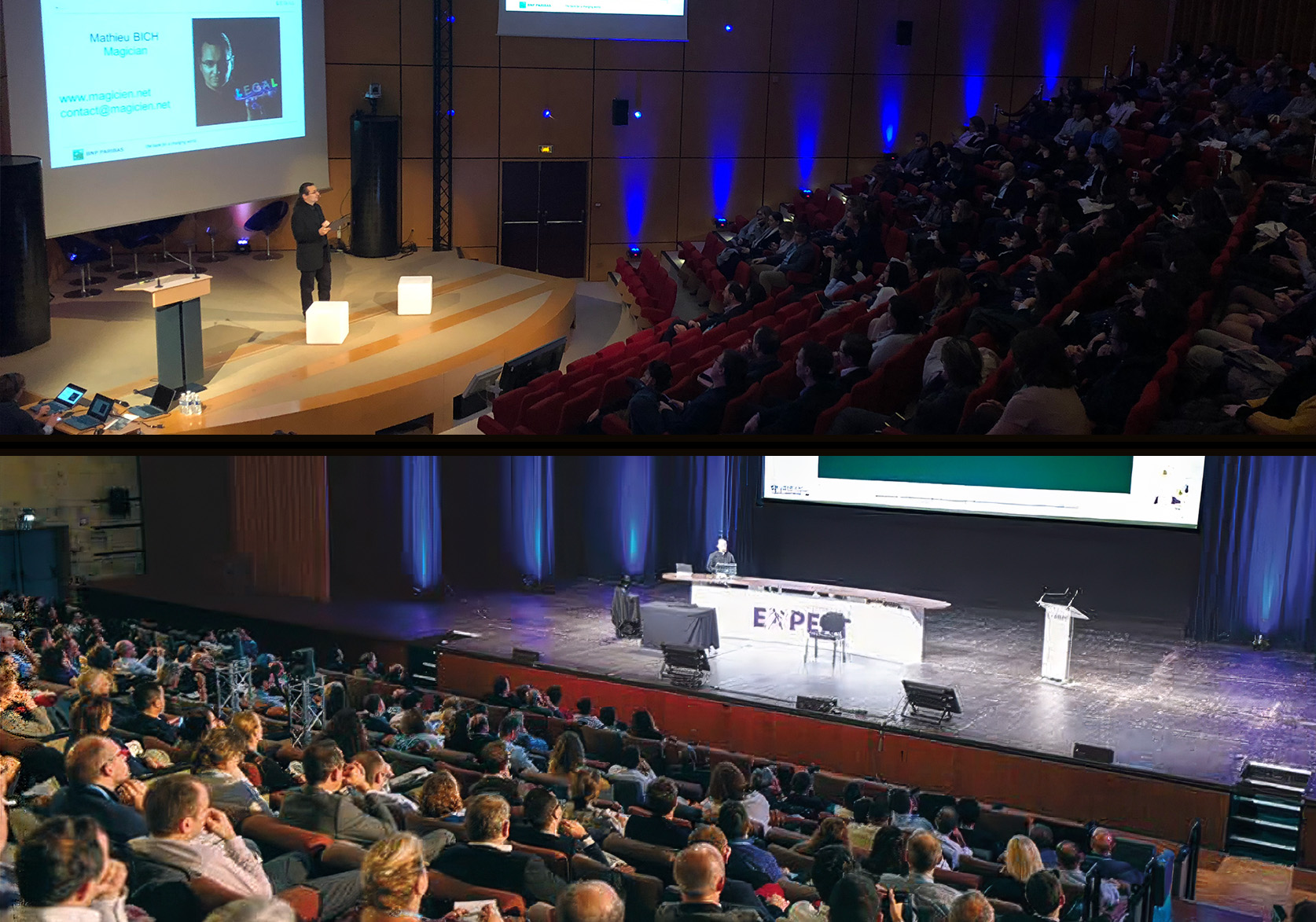 Back of a man at a concert. Hes wearing a beanie hat and a baggy denim jacket with studs. Photo with a purple hue
