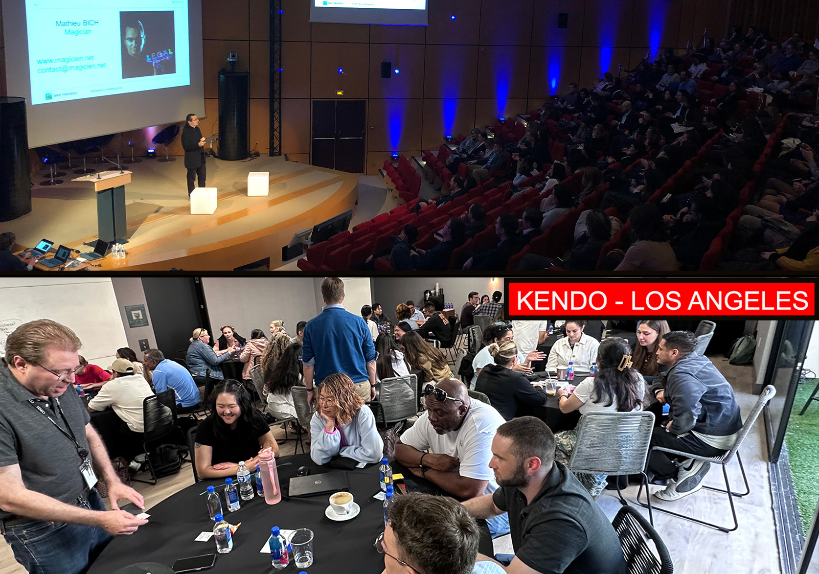 Back of a man at a concert. Hes wearing a beanie hat and a baggy denim jacket with studs. Photo with a purple hue